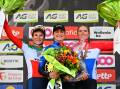 Camperdown export Grace Brown (middle) celebrates her win in Belgium on Sunday. Picture by Getty Images