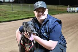 Morton, with handler Dylan Sharp after winning the heats at Warrnambool on Thursday. Pictures by Clint Anderson