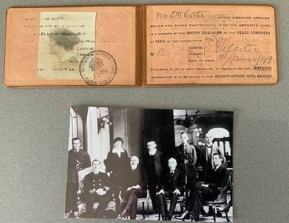 Maida's official pass to the peace conference. Photo shows Maida, second left, back row, and Prime Minister Billy Hughes seated third from left. 