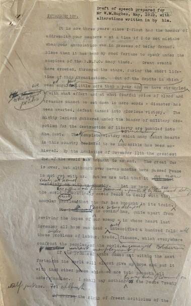 The opening page of Prime Minister Billy Hughes' speech typed by Maida. 
