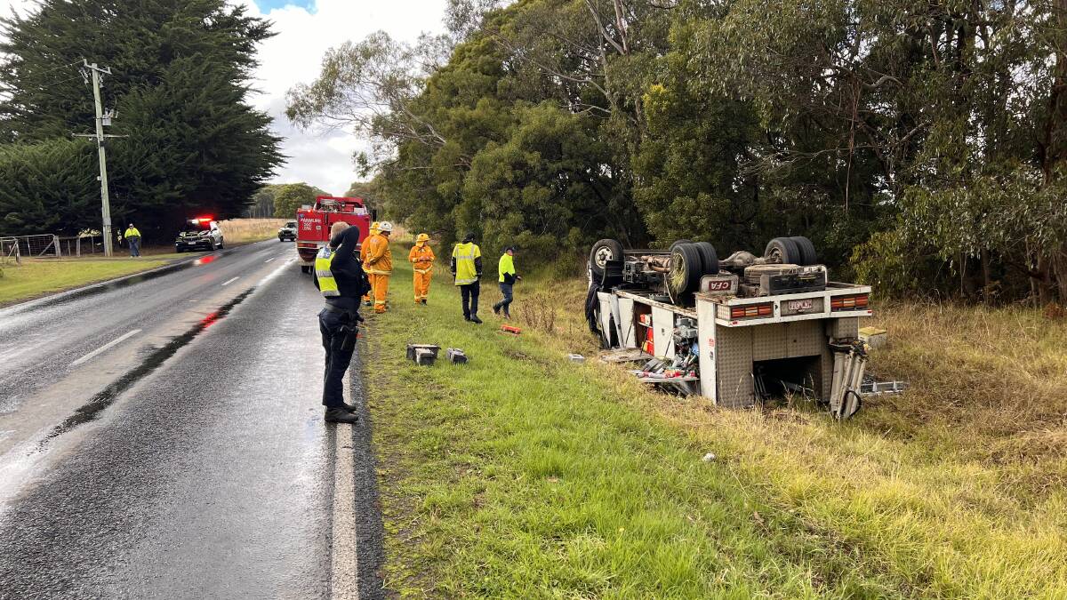 The CFA truck that flipped along the Cobden-Warrnambool Road on Friday, April 12, 2024. 