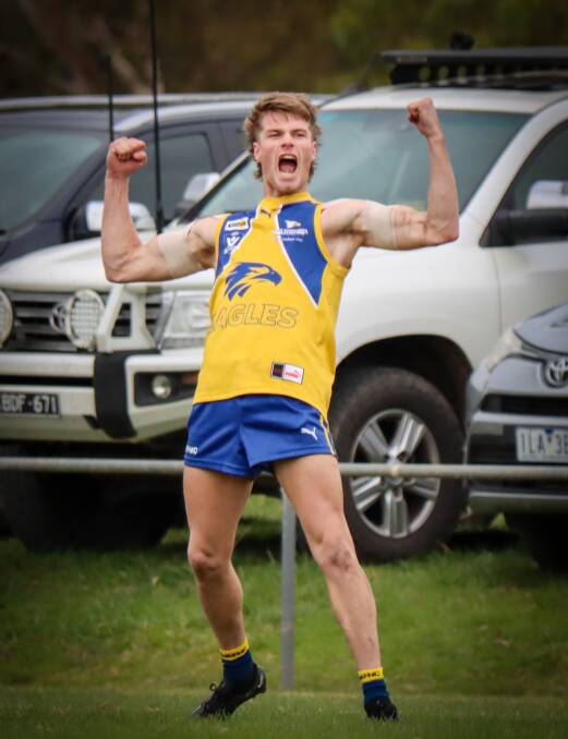North Warrnambool Eagles forward Felix Jones celebrates one of his three goals against Terang Mortlake. Picture by Justine McCullagh-Beasy 
