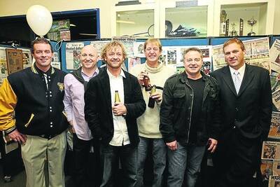 Taking a trip down memory lane were founding Warrnambool Seahawks team players (from left)  Peter Rodgers, Tony Gall, Tommy Greene, Tony Selway, Ian McMillan and Stephen Brookes. 100724DW79 Pictures: DAMIAN WHITEreunion night. at Warrnambool Stadium. Pictured Past Seahawks players l-r