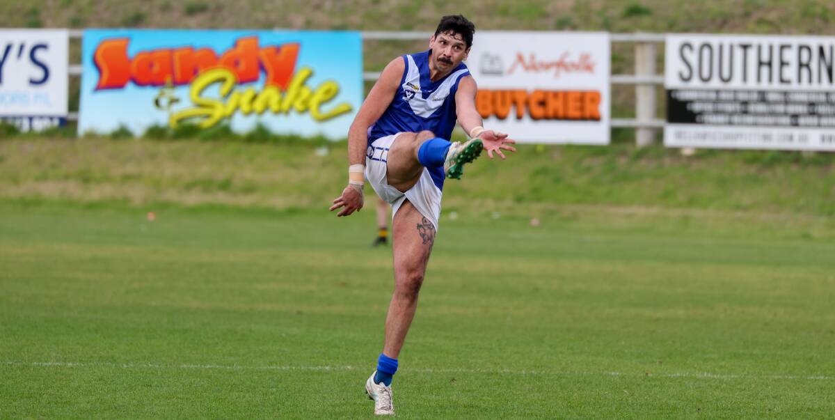 Dylan Burns, pictured kicking against Merrivale in round 11, was a standout for Russells Creek against Nirranda. Picture by Eddie Guerrero