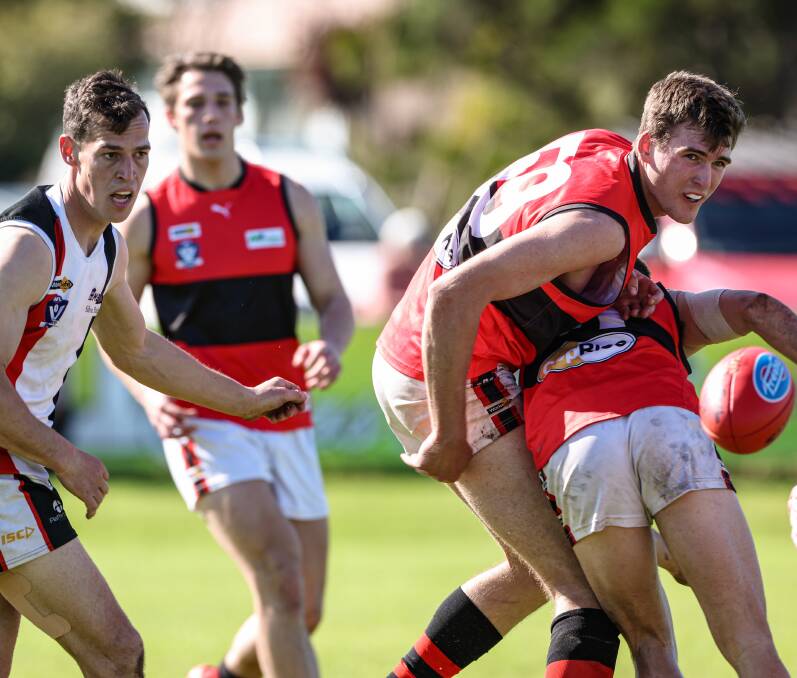 Cobden is unsure whether star ruck Mark Marriott, pictured here eyeing a loose ball against Koroit, will play for the club in 2024. Picture by Sean McKenna