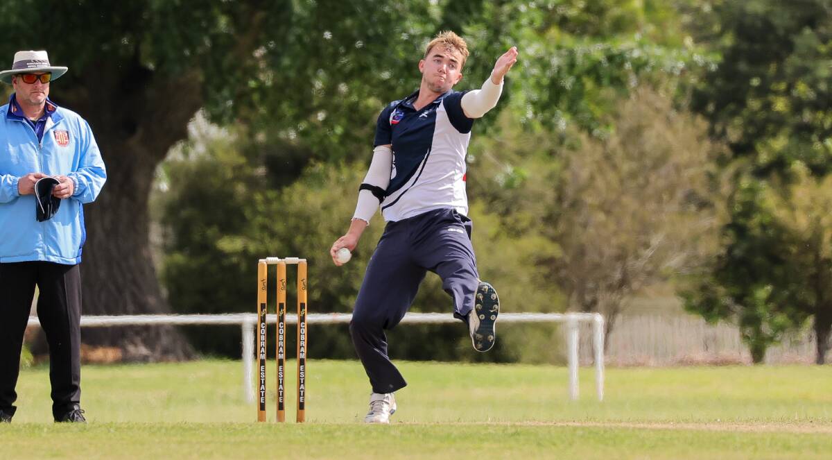 James Van De Peer, pictured mid-bowling action, was dominant with bat and ball for Port Fairy. Picture by Anthony Brady