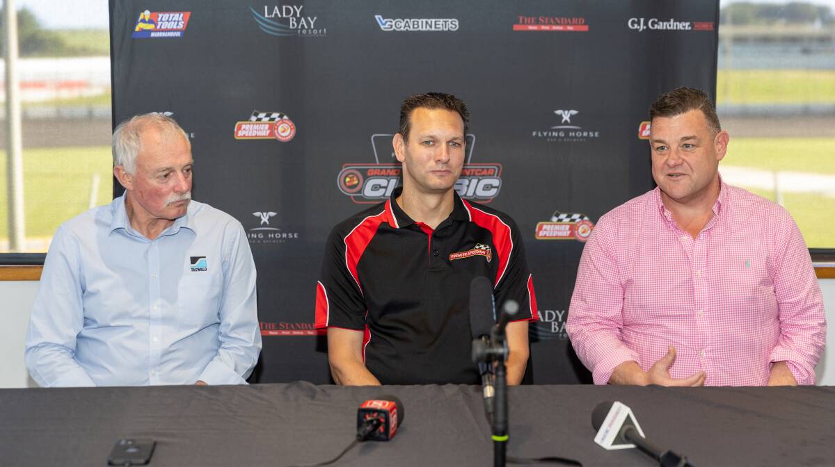 Premier Speedway president Richard Parkinson, general manager Michael Parry and Flying Horse co-owner Mark McIlroy at a press conference announcing the naming rights sponsor for the Classic. Picture by Eddie Guerrero