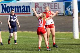 South Warrnambool's Kate Noseda, pictured celebrating against Warrnambool this year, has been picked in the Hampden league under 18 female side. Picture by Anthony Brady