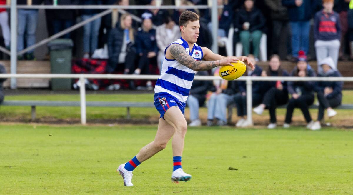 Ben Reid watches the ball right onto his boot for Terang Mortlake earlier in the season. Picture by Anthony Brady