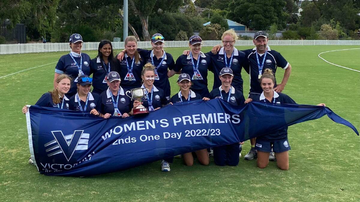 Steph Townsend, back row second from the right, helped guide Geelong to its first women's premier cricket flag. Picture by Cricket Victoria