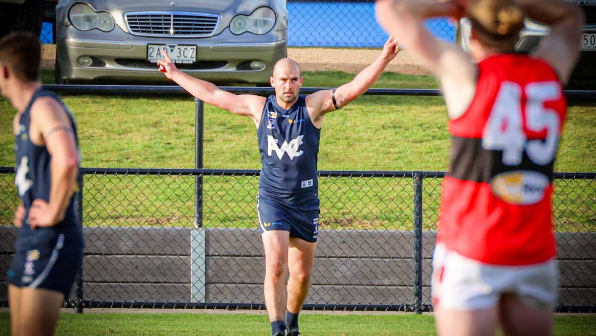 Ben Cunnington celebrates one of his six goals for Warrnambool on Saturday. Picture by Eddie Guerrero