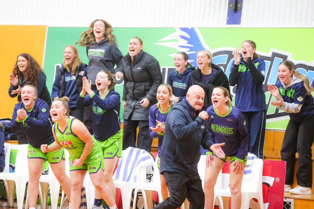 The Warrnambool Mermaids' bench erupts as they realise they've sealed a memorable comeback. Picture by Eddie Guerrero