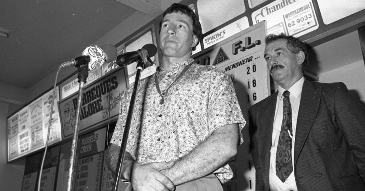Ken Wines after receiving the Esam Medal at the 1993 event at South Rovers' clubrooms. Picture by Sean McKenna