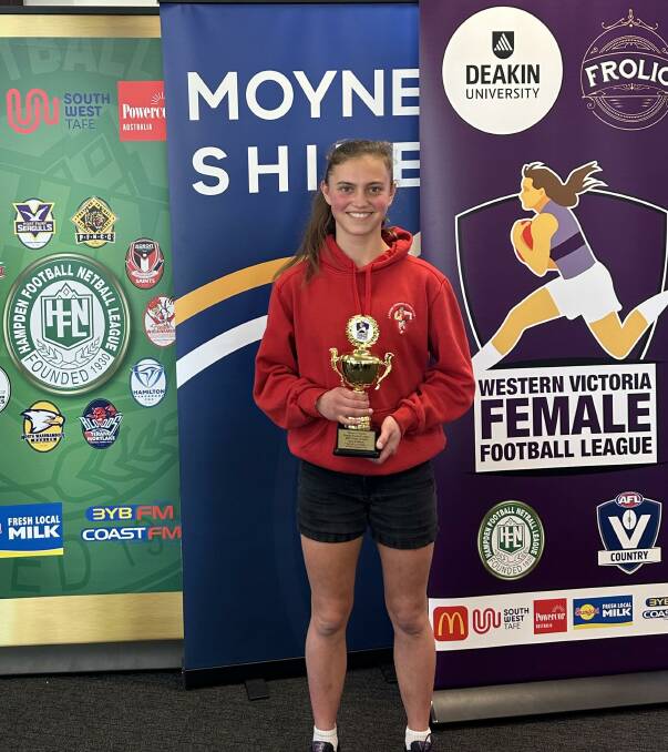Cavendish's Leayla Pohl with her under 18 best-and-fairest trophy. Picture supplied