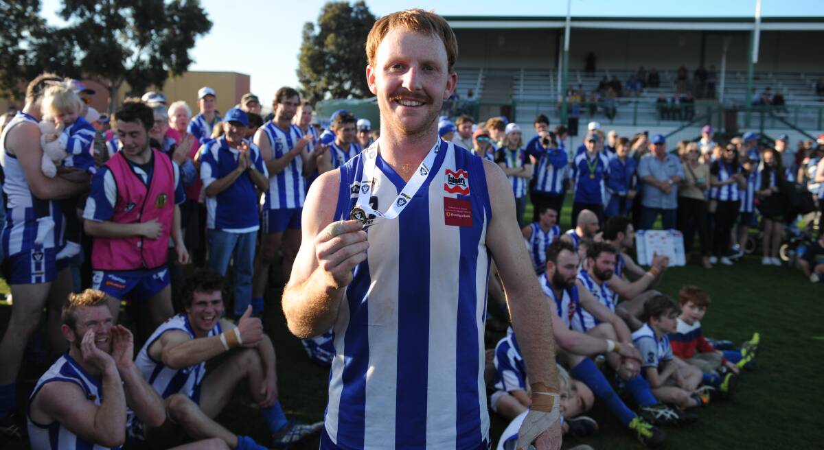 Eric Guthrie, pictured after receiving best-on-ground honours in Harrow-Balmoral's 2019 grand final win, has signed for Camperdown. File picture