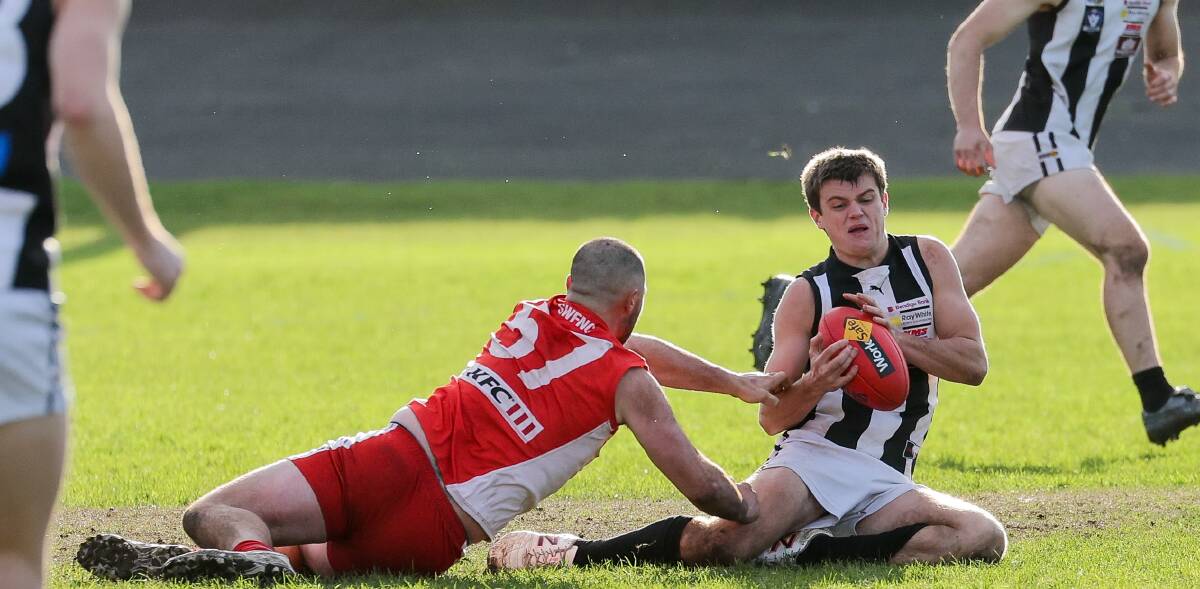Camperdown's Zach Sinnott with the ball against South Warrnambool in 2023. Picture by Anthony Brady