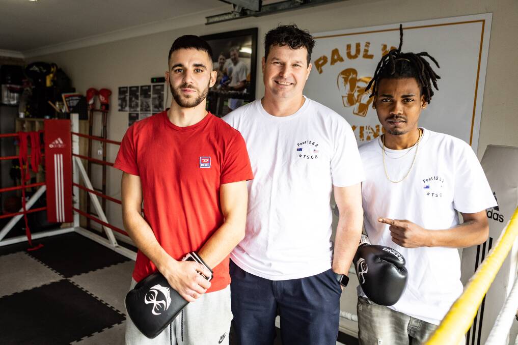 Prouzat Melvin, Paul Hrabar and Ricky Javier Fortuna at Pauly's Boxing gym ahead of Melvin's fight on Sunday. Picture by Anthony Brady