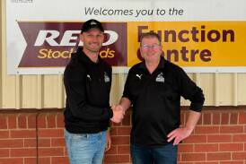 Camperdown's football coach for 2025 Clinton Thomas (left) with Magpies president Phil Cunningham. Picture supplied