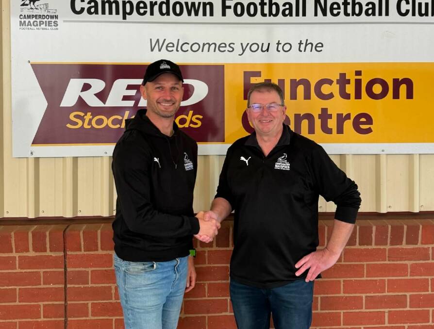 Camperdown's football coach for 2025 Clinton Thomas (left) with Magpies president Phil Cunningham. Picture supplied