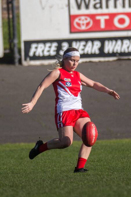 Lauren McConville kicks the ball forward for South Warrnambool in 2019. Picture by Anthony Brady