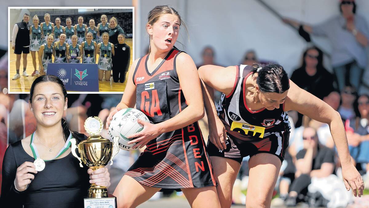 Cobden's Grace Taylor in the 2023 division one grand final and after receiving the league best and fairest the same year. Inset, Hampden league open team after winning state title. Pictures by file, Anthony Brady and supplied
