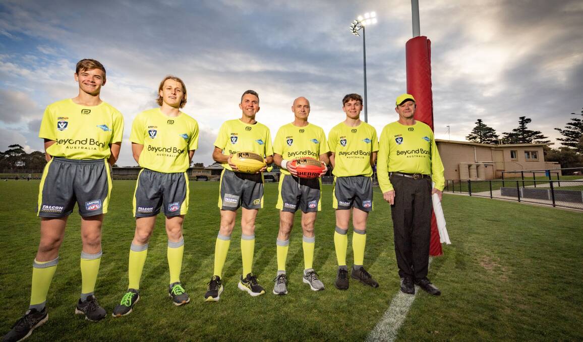 (L-R): Campbell Pedler, Dylan Denaro, Mick Lowther, Steve Walker, Liam Wiese, Darren Wilkinson are part of the umpiring group officiating the Hampden league grand final. Picture by Sean McKenna