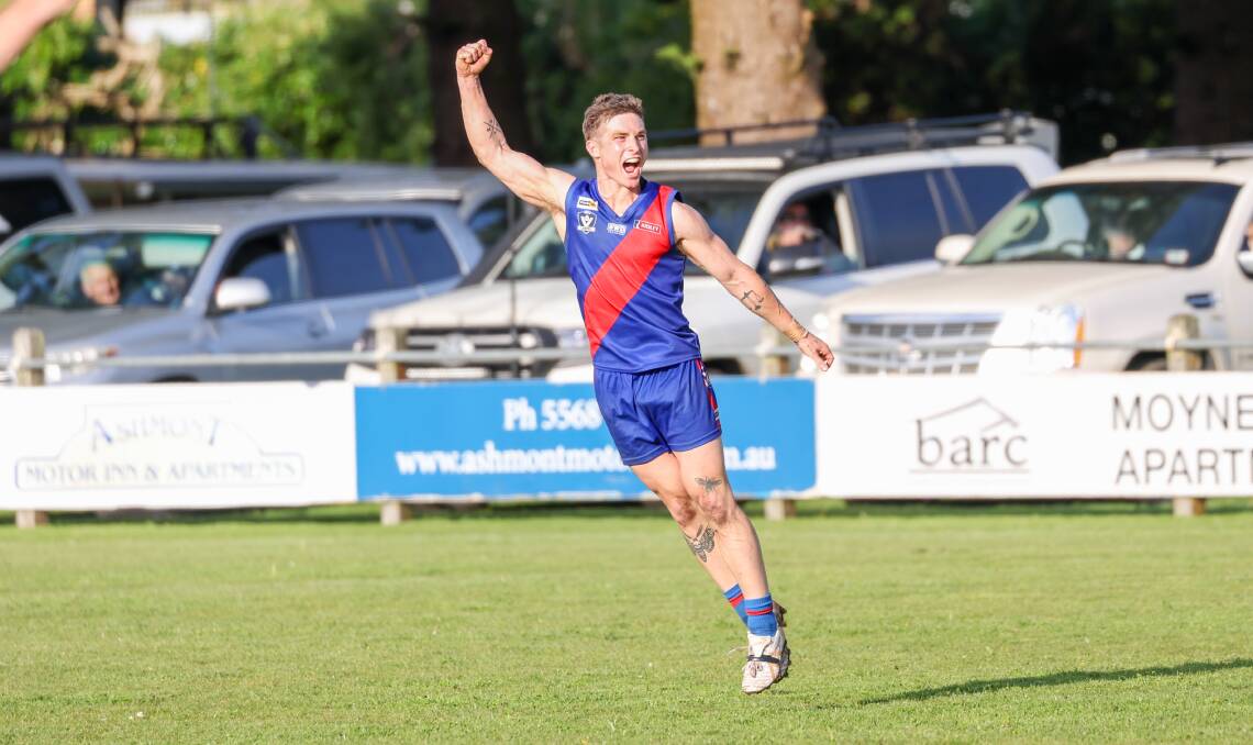 Terang forward Luke McConnell, pictured celebrating a goal against Cobden during the finals this year, is playing for Pint in the NTFL. Picture by Eddie Guerrero