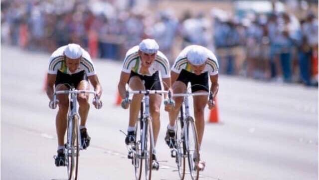 Lynch (middle) races to a silver medal in the team time trial at the 1982 Commonwealth Games.The Australians missed the gold medal by six seconds.
