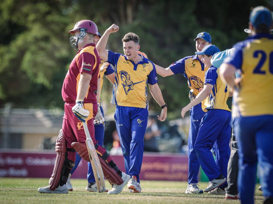 Angus Uwland celebrates taking the final Pomborneit wicket. Picture by Sean McKenna