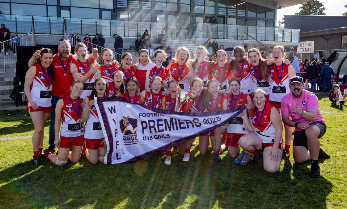 South Warrnambool's under 18 side celebrates its premiership win. Picture by Anthony Brady