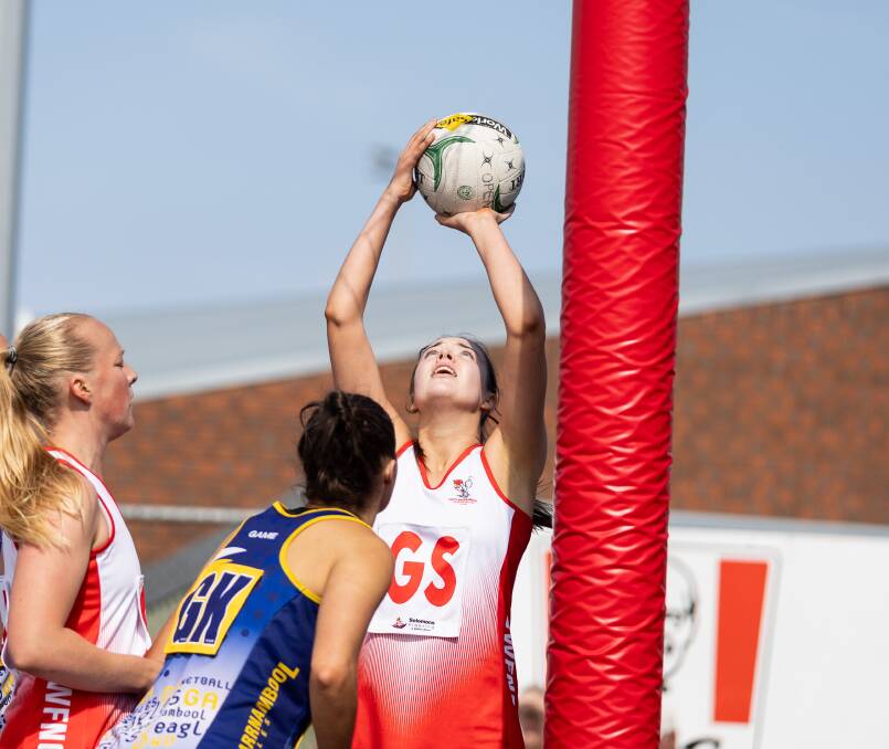 South Warrnambool's Meg Carlin lines up a goal against North Warrnambool Eagles. Picture by Anthony Brady