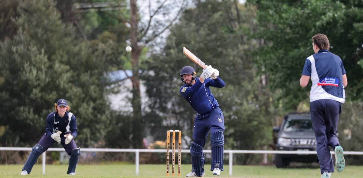 Mortlake's Lachlan Higginson drives through the covers. Picture by Anthony Brady