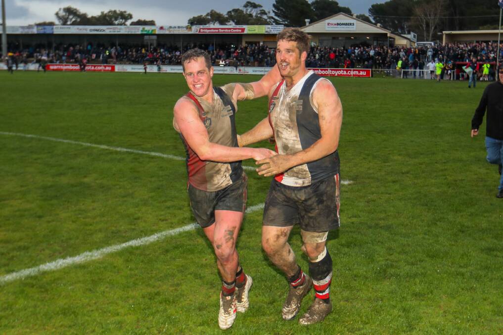 Koroit's Liam Hoy and Rhys Raymond celebrate their 2019 grand final victory. File picture