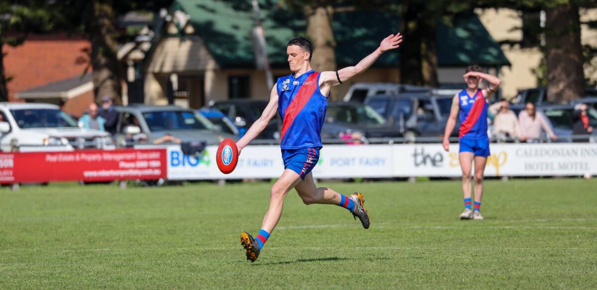 Will Kain, pictured kicking for goal in 2023, booted six goals for Terang Mortlake against Port Fairy. Picture by Eddie Guerrero