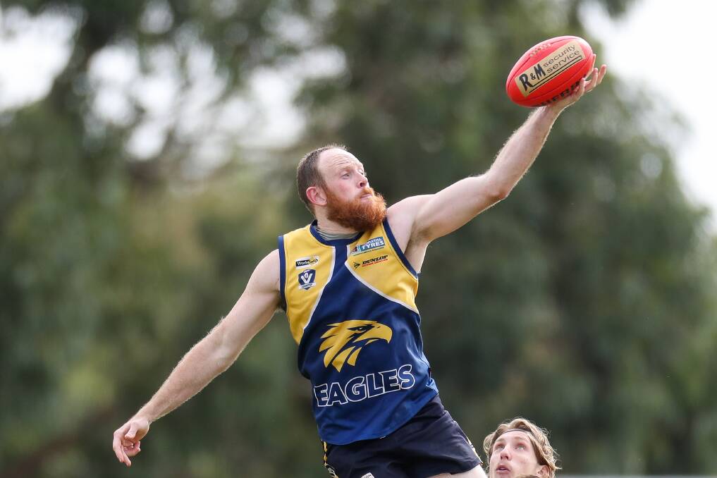 Jordan Dillon wins the tap for North Warrnambool Eagles during the 2019 season. File picture