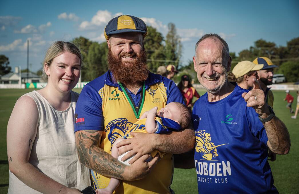 Cobden player Jackson Rock celebrates the win with Ginnivan Rock, seven weeks, wife Sarah Satori and father Peter Rock. Picture by Sean McKenna.