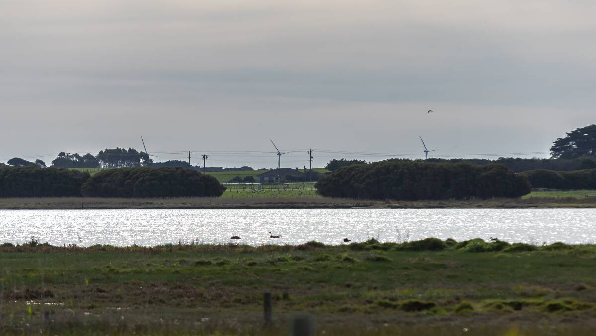 The view looking from the Port Fairy Golf Club across Belfast Lough to the turbines more than 10km away at Ryan Corner Wind Farm. Picture by Eddie Guerrero
