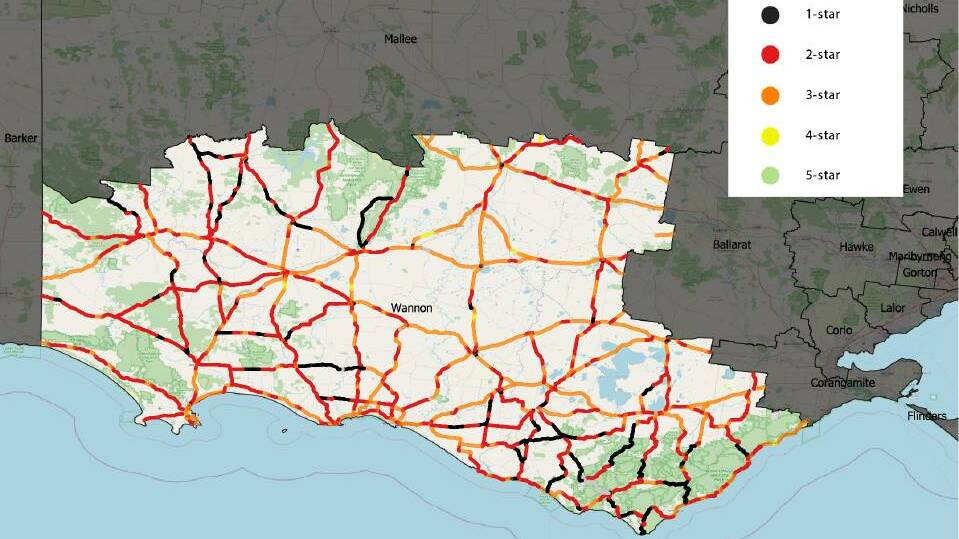 A map of the south-west using AusRAP data to show how dangerous the major roads in the region are.