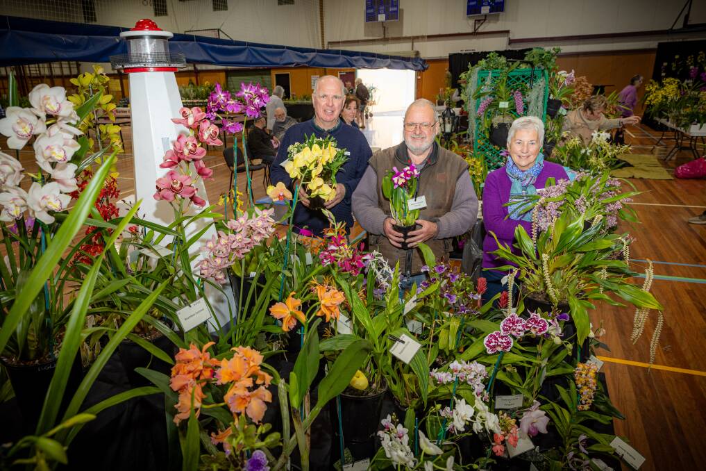 Warrnambool and District Orchid Society members Rod Dunn, Rob Porter and Sandra Dunn at Brauer College's gymnasium where the Country Orchid Challenge will be held. Picture by Eddie Guerrero.