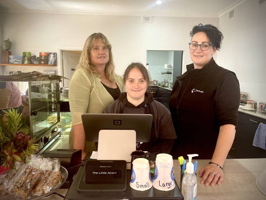 Cooinda chief executive officer Janice Harris with Celia Nash and Chatty Richardson at The Little Acorn Cafe in Terang. 