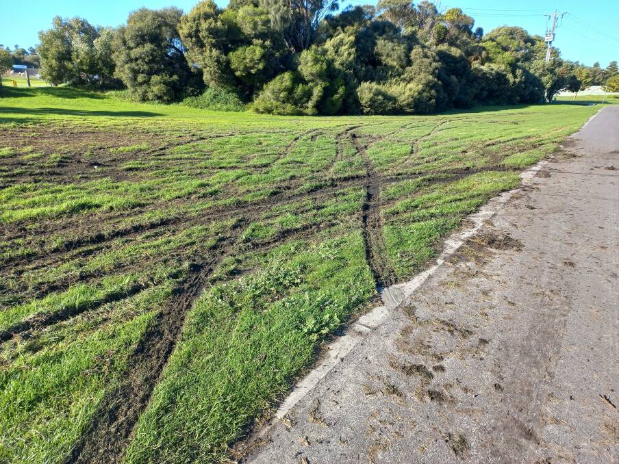 Hoon drivers have torn up the grass opposite a trail near the Jetty Flat cricket grounds.