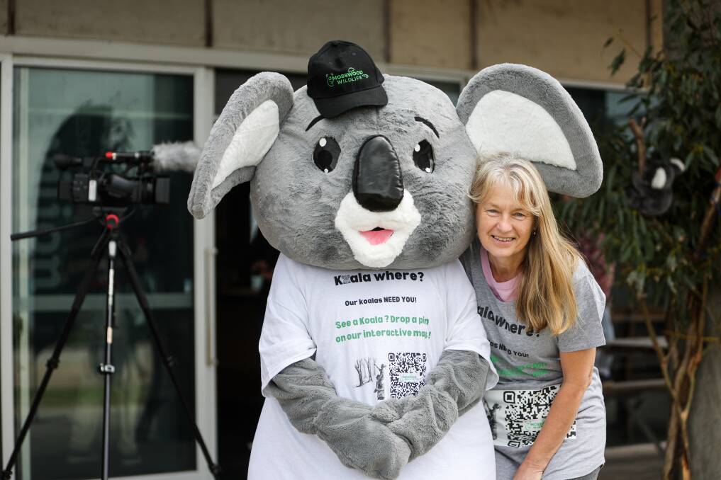 Mosswood Wildlife mascot Ken and owner Tracey Wilson at the launch of the interactive koala-counting map. Picture by Anthony Brady