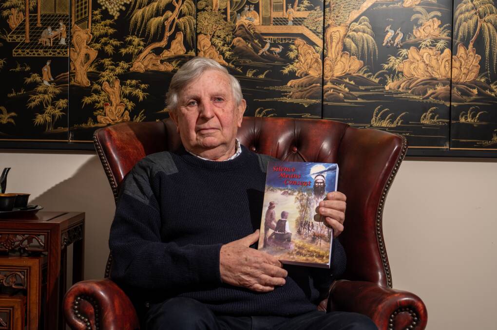 Terang author Harold Eller with his new novel, Silence Is Consent, which launched this week. The book tells a fictionalised account of Western District assistant protector of Aborigines Charles Sievwright in the 1840s. Picture by Eddie Guerrero