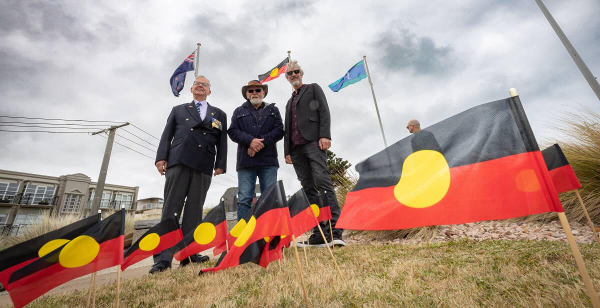 Warrnambool RSL's Doug Heazlewood and Michael Bellamy with Peek Whurrong Elder Uncle Rob Lowe Senior (centre) at the Aboriginal Veterans Remembrance Day ceremony. Picture by Sean McKenna