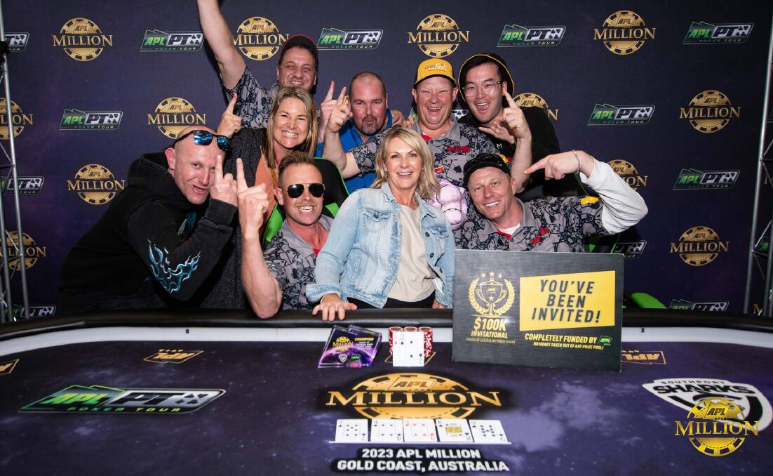 Illowa's Hayley and Luke Ryan are pictured here front and centre with their teammates at a poker tournament on the Gold Coast. Picture supplied by the Australian Poker League