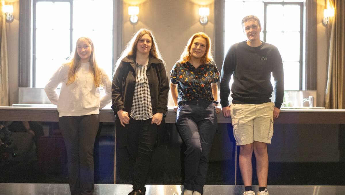 Warrnambool College students Laura Lee, Chelsea Black and Zach Jervies accompanied by media and photography teacher Rebecca Grey (third from left) are taking part in the school's inaugural film festival at Capitol Cinema. Picture by Sean McKenna