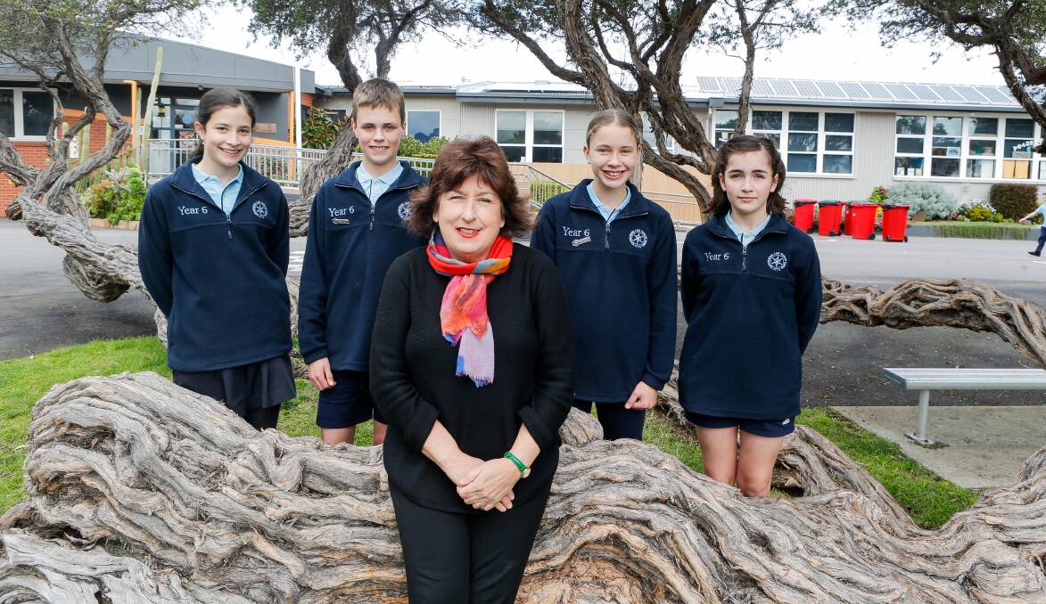 Retired Warrnambool East Primary School principal Michelle Bickley-Miller with Lillias McKellar, Henry Rattray, Lucy Kavanagh and Ahlii Jennings. Picture by Anthony Brady