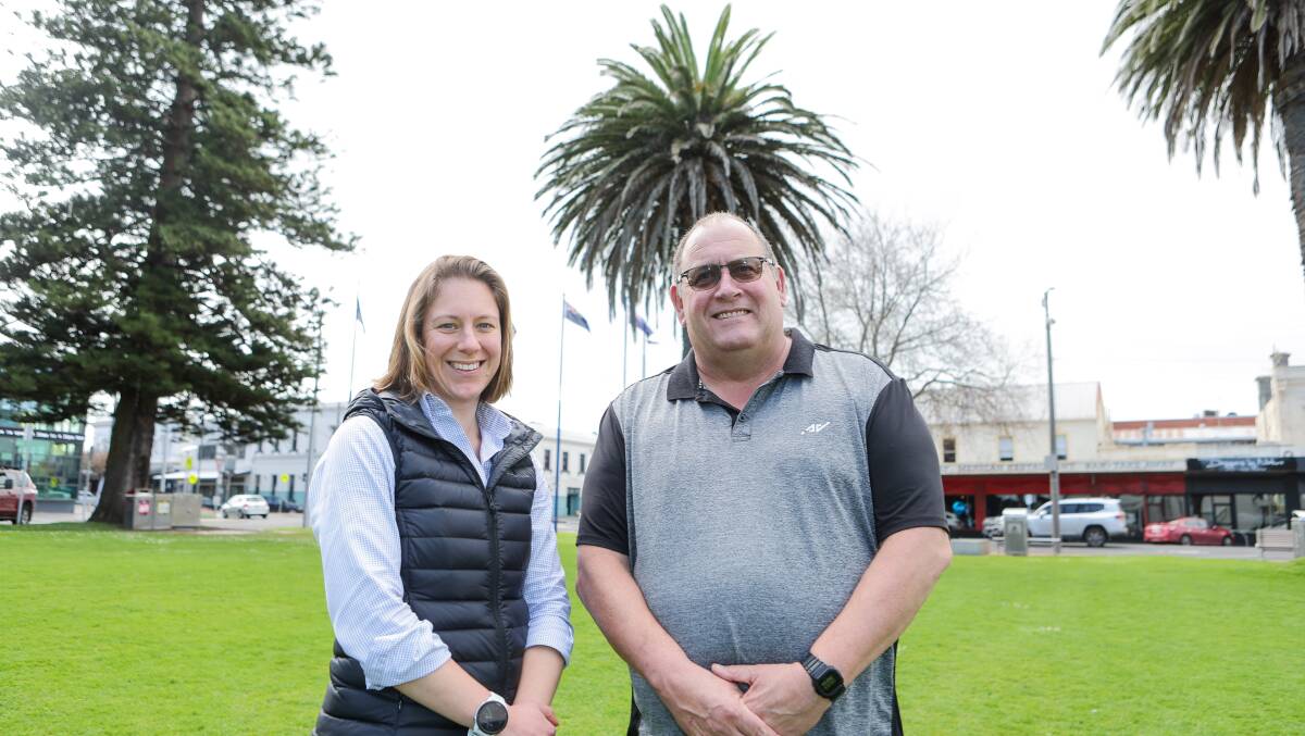 Wunta Fiesta committee member Sophie Baulch and chairperson Darrell Hose at the Civic Green where part of the iconic Warrnambool event has been held. Picture by Anthony Brady