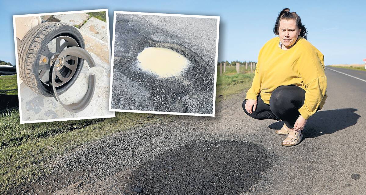 Hamilton's Amber Flint isn't happy about a pothole on Sims Road in Mailors Flat that damaged two rims of the wheels of her vehicle on Monday, July 10. Picture by Anthony Brady