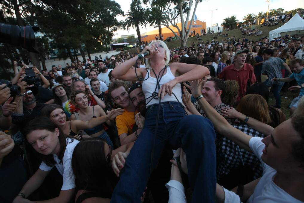 Melbourne band Amyl and the Sniffers' lead vocalist Amy Taylor crowd surfing at a gig in 2019. The band will play a show in Warrnambool in December, 2023. Picture by Sylvia Liber